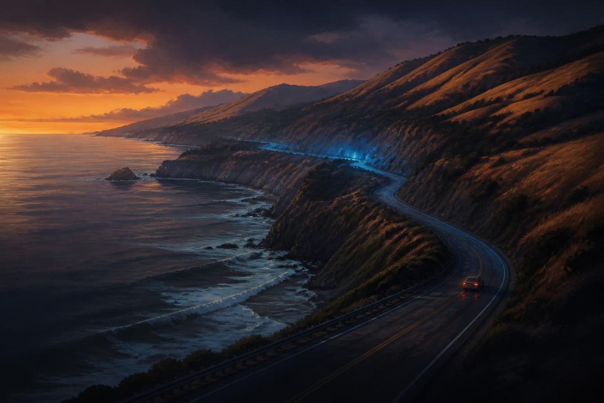 Ilustración de la costa de California al atardecer