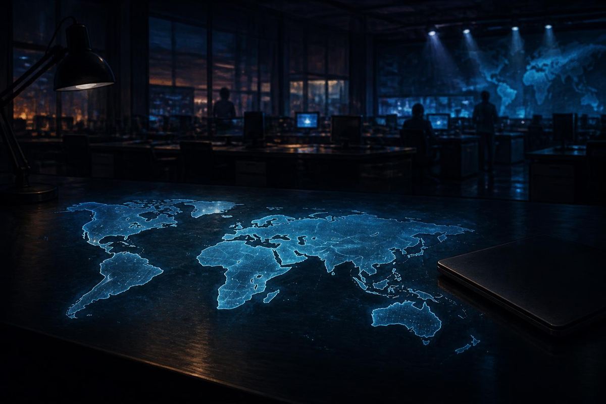 Ilustración de un mapa del mundo iluminado en una mesa oscura