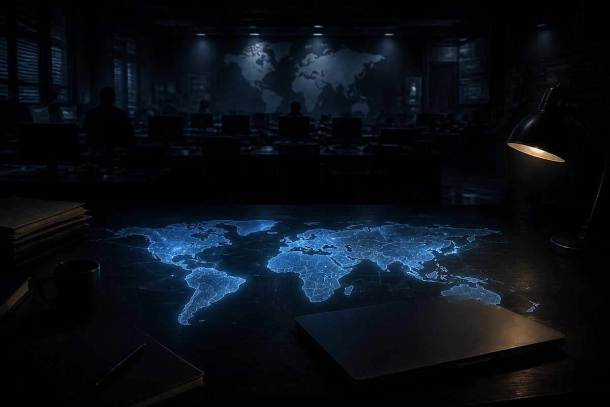 Ilustración de un mapa del mundo iluminado en una mesa oscura
