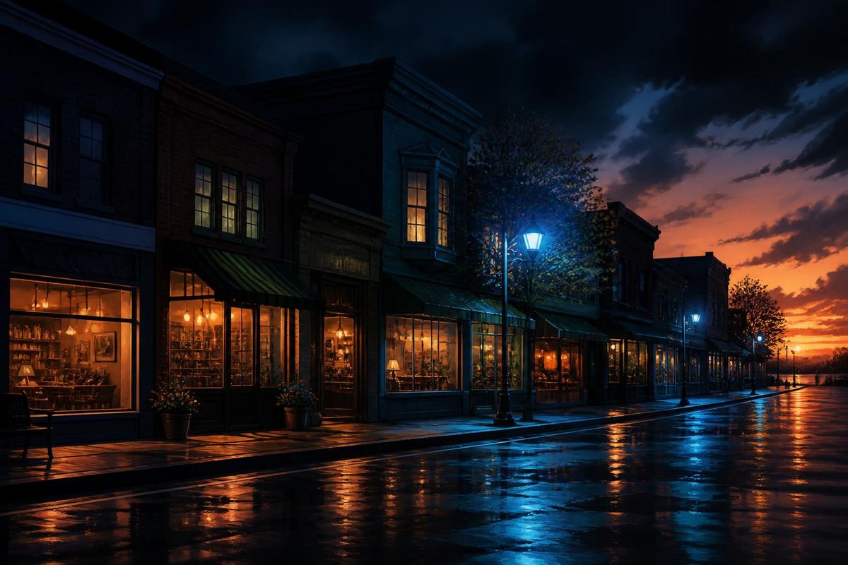 Ilustración de una calle comercial con tiendas iluminadas al atardecer